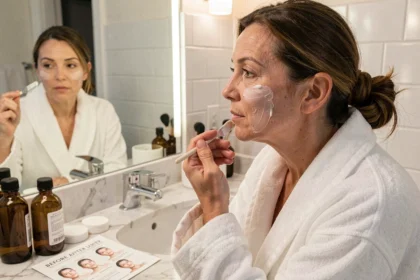Femme d'une quarantaine d'années examinant sa peau devant un miroir de salle de bain avec une carte avant/après posée sur le comptoir en marbre