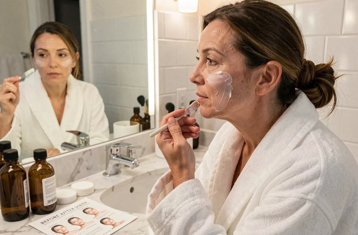 Femme d'une quarantaine d'années examinant sa peau devant un miroir de salle de bain avec une carte avant/après posée sur le comptoir en marbre