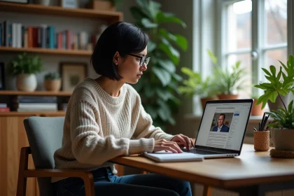 Femme lisant un blog politique dans un bureau cosy