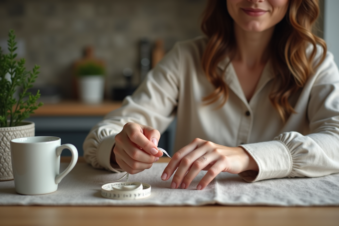 Femme mesurant sa bague avec un ruban dans la cuisine chaleureuse