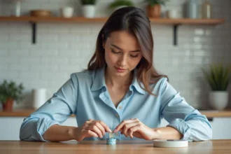 Jeune femme mesurant sa bague avec un ruban dans la cuisine
