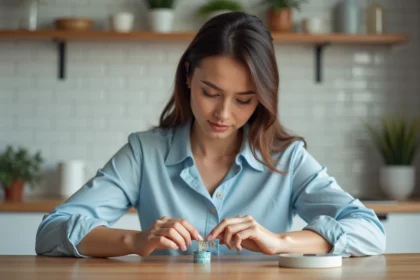 Jeune femme mesurant sa bague avec un ruban dans la cuisine