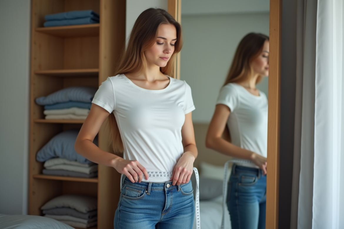 Jeune femme mesurant sa taille dans sa chambre moderne