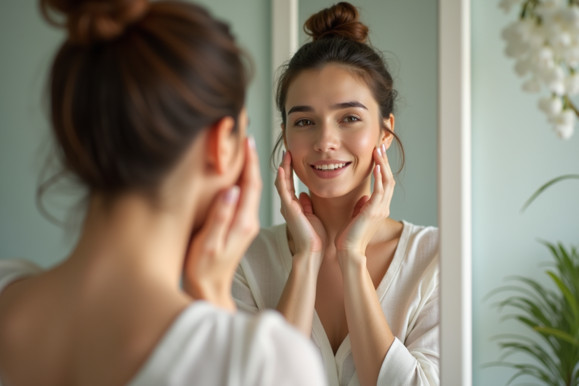 Femme touchant son visage dans un miroir lumineux