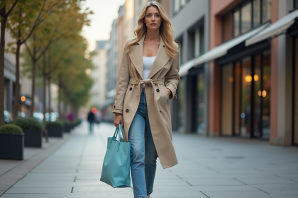 Femme élégante en trench beige et tote bleu dans la ville