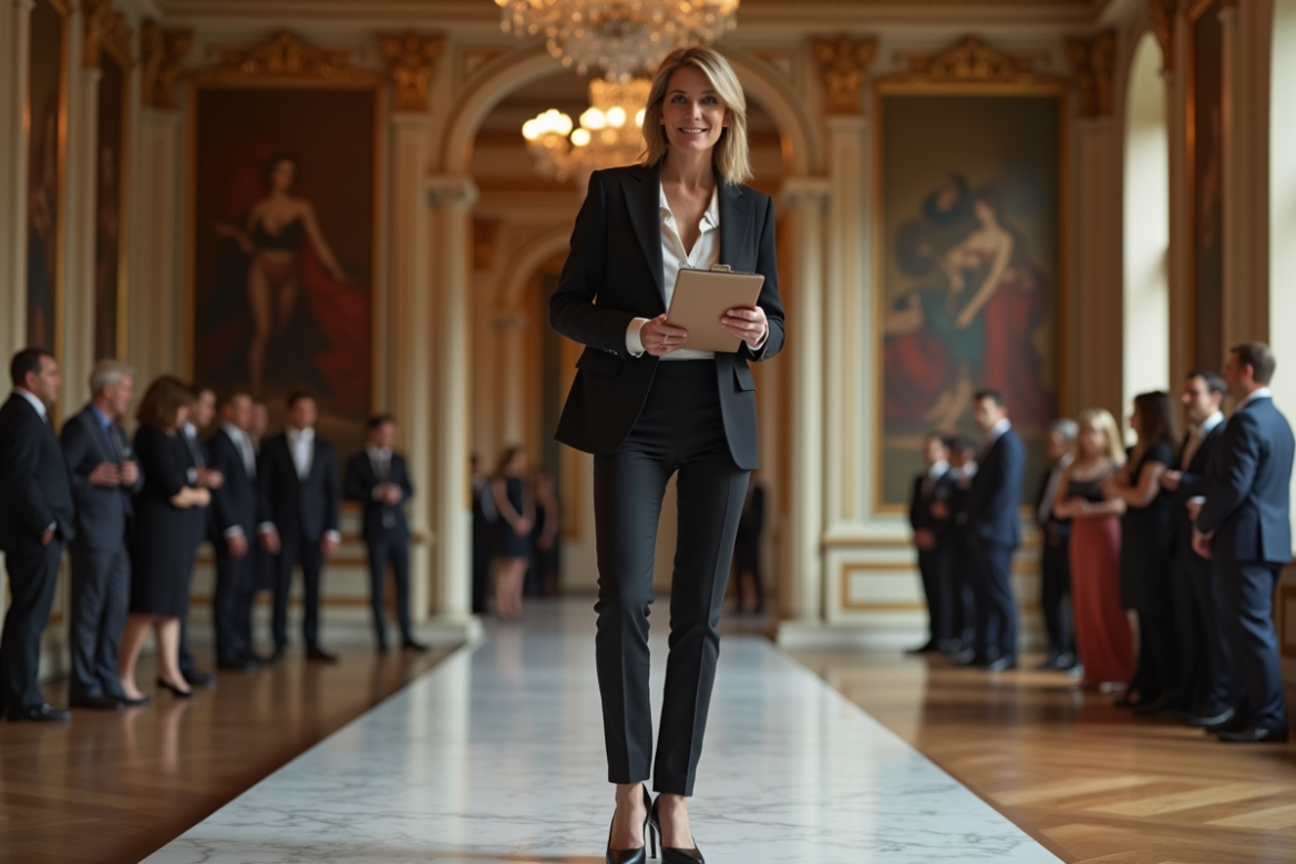 Femme élégante en tailleur dans une salle parisienne historique