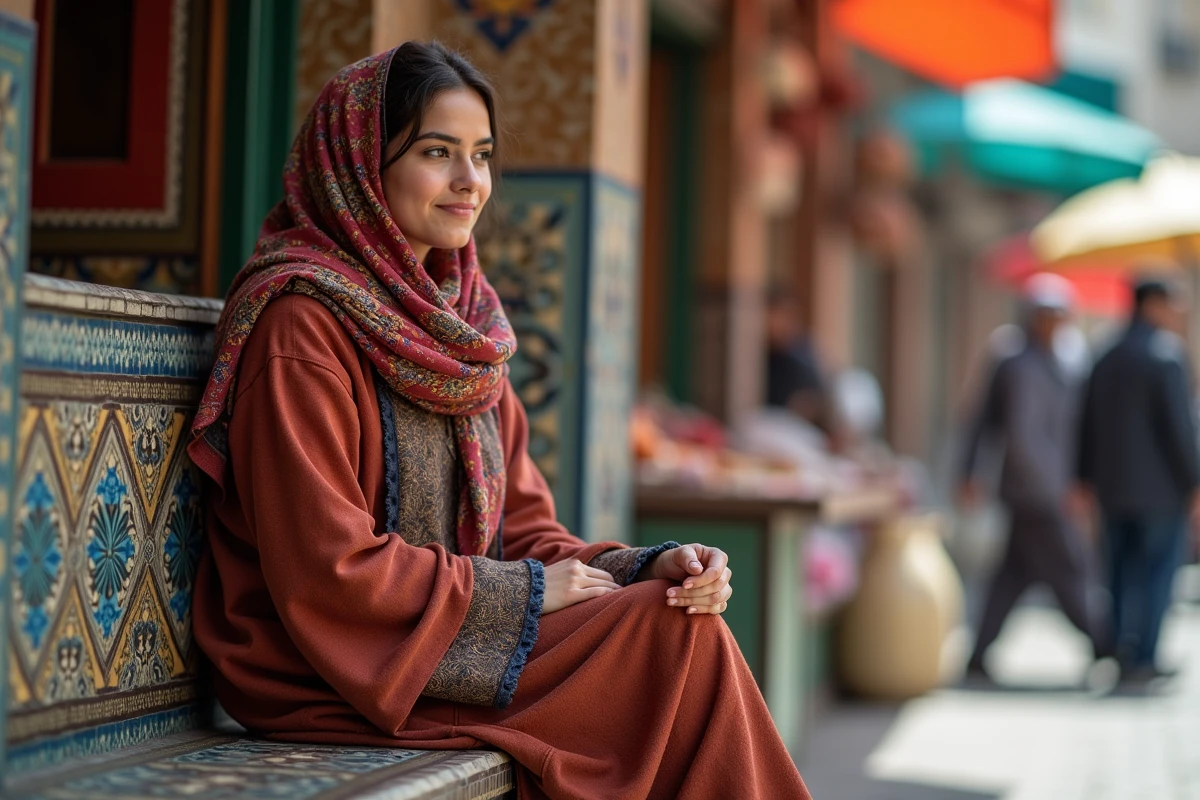 Femme marocaine en vêtement coloré dans un marché animé