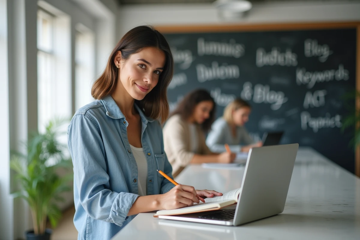 Femme prenant des notes dans un carnet dans un espace de co-working moderne pour planifier les bases de son blog