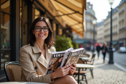 Femme élégante dans un café parisien avec magazines Vogue