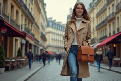 Femme élégante marchant dans Paris avec sac en cuir beige