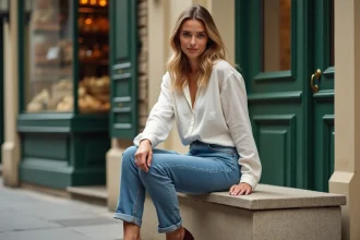 Femme parisienne en blouse en lin et jeans assise sur un banc