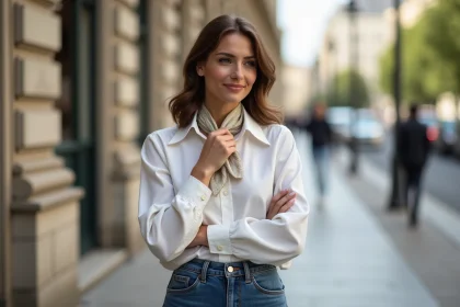 Femme élégante ajustant son foulard à Paris