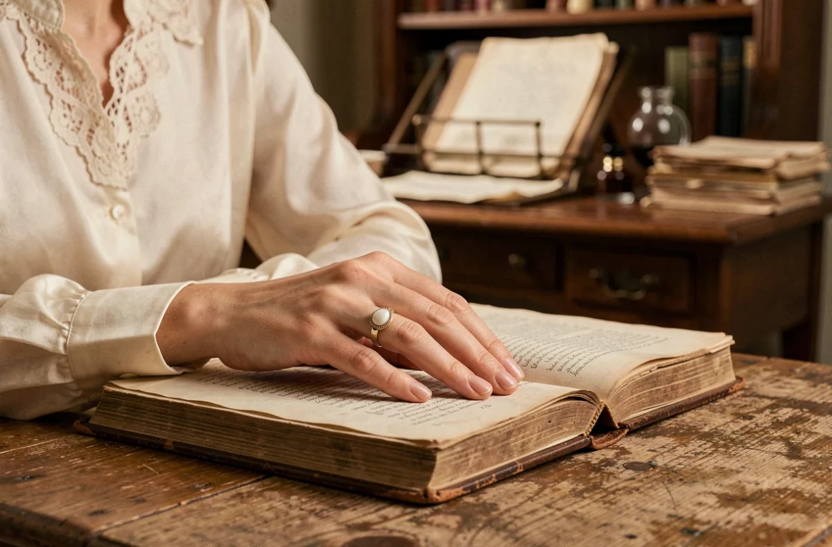 Femme portant une bague en camée sur un livre ancien, style vintage élégant avec chemisier en soie crème