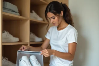 Jeune femme rangeant des sneakers blanches dans un sac de rangement transparent sur une étagère en bois