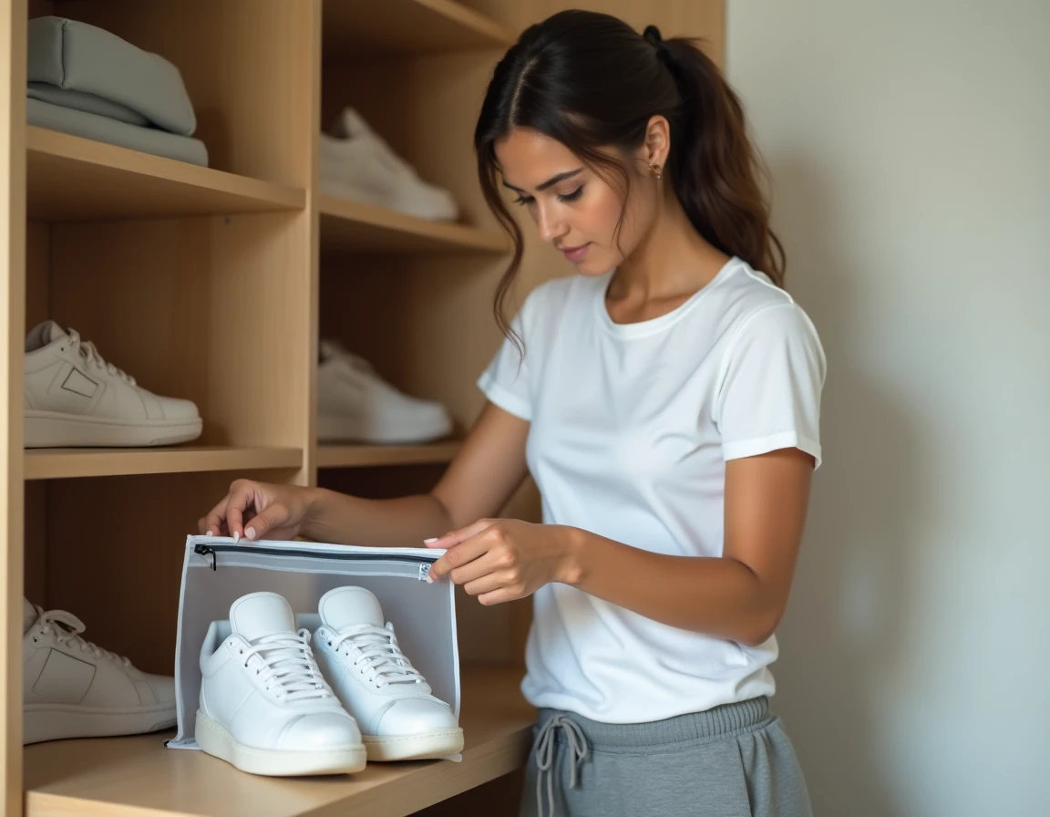 Jeune femme rangeant des sneakers blanches dans un sac de rangement transparent sur une étagère en bois