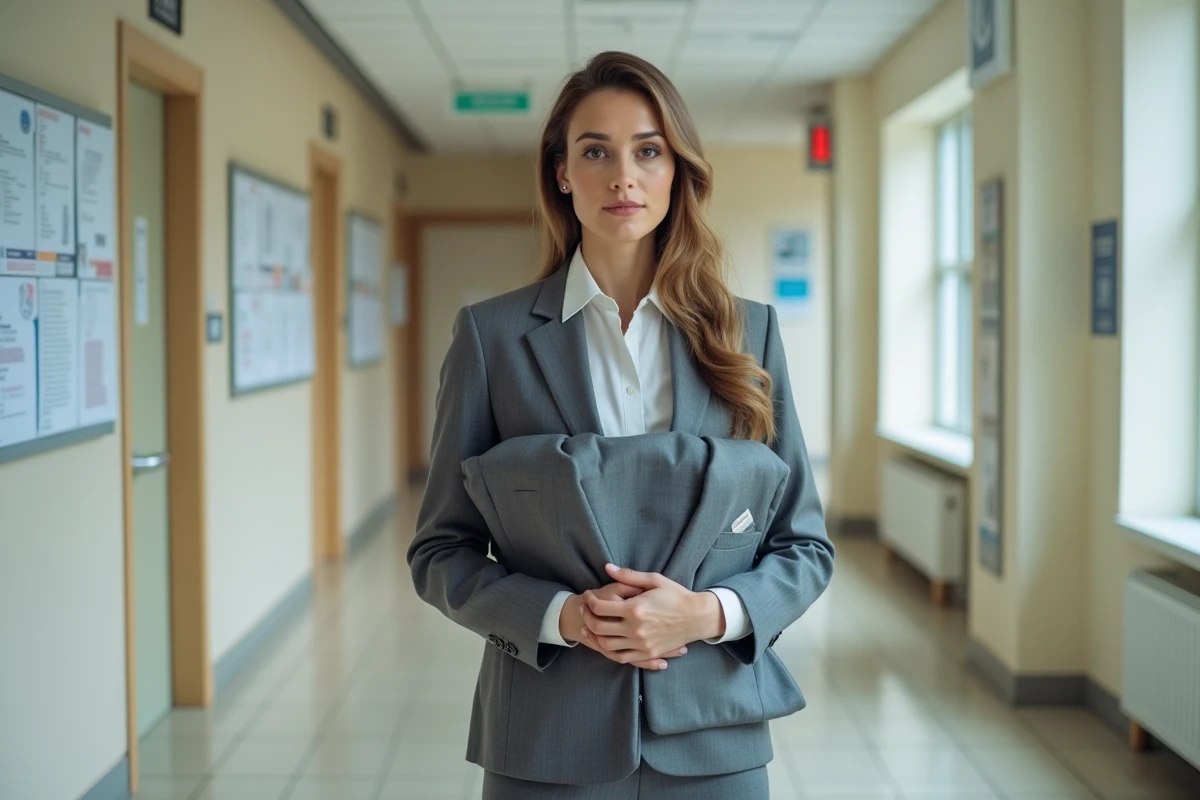 Femme professionnelle en costume tient uniforme dans un couloir