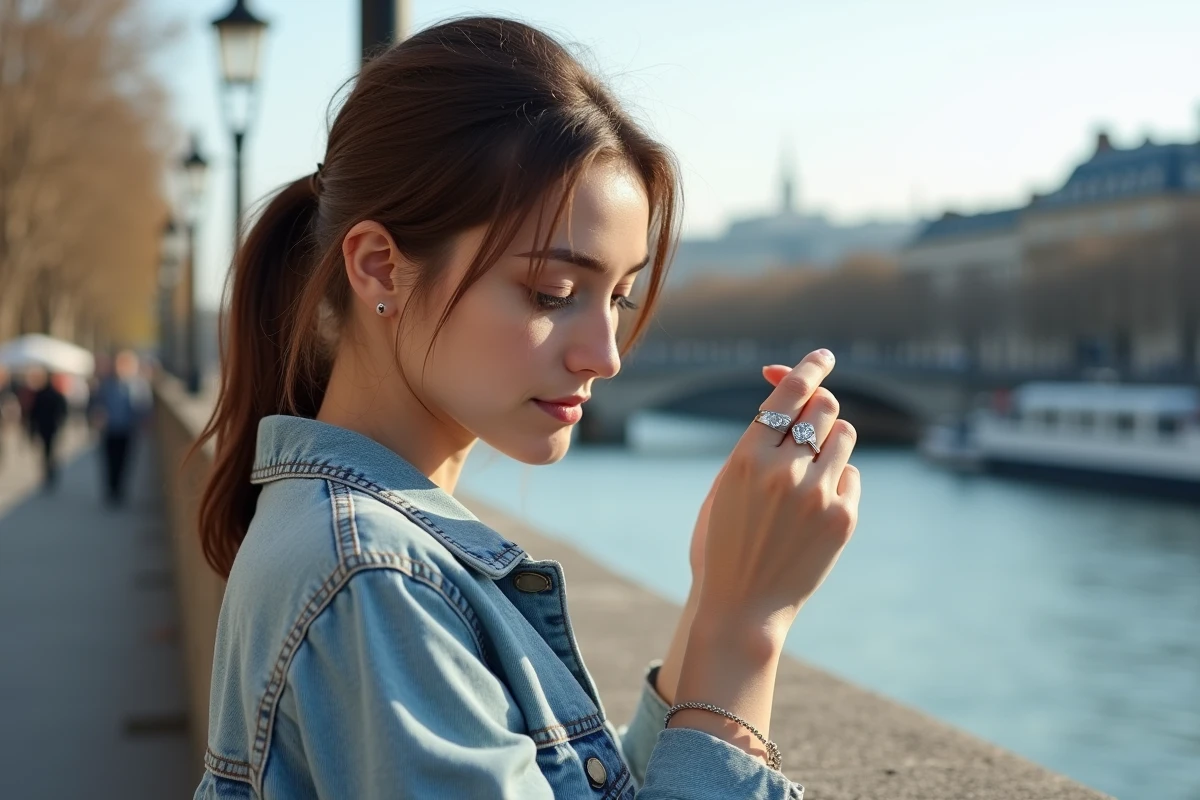 Jeune femme regardant sa bague BFF au bord de la rivière
