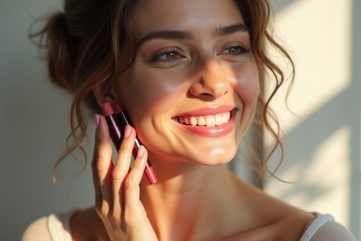 Femme souriante avec rouge à lèvres dans une pièce lumineuse