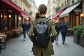 Femme portant un sac à dos antivol noir élégant en marchant dans une rue parisienne animée