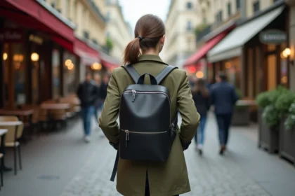 Femme portant un sac à dos antivol noir élégant en marchant dans une rue parisienne animée
