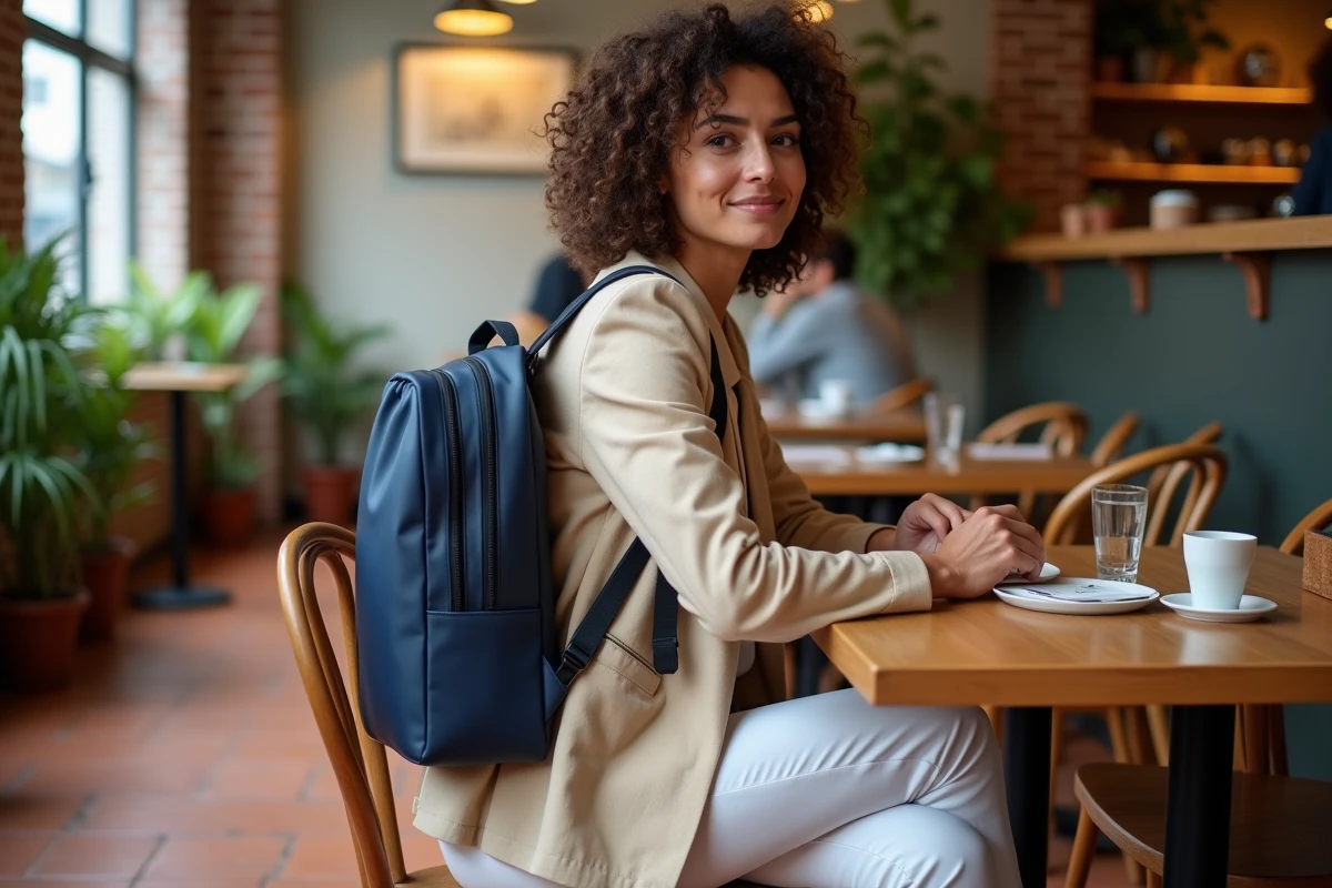 Femme accédant à la poche cachée de son sac à dos antivol dans un café urbain moderne