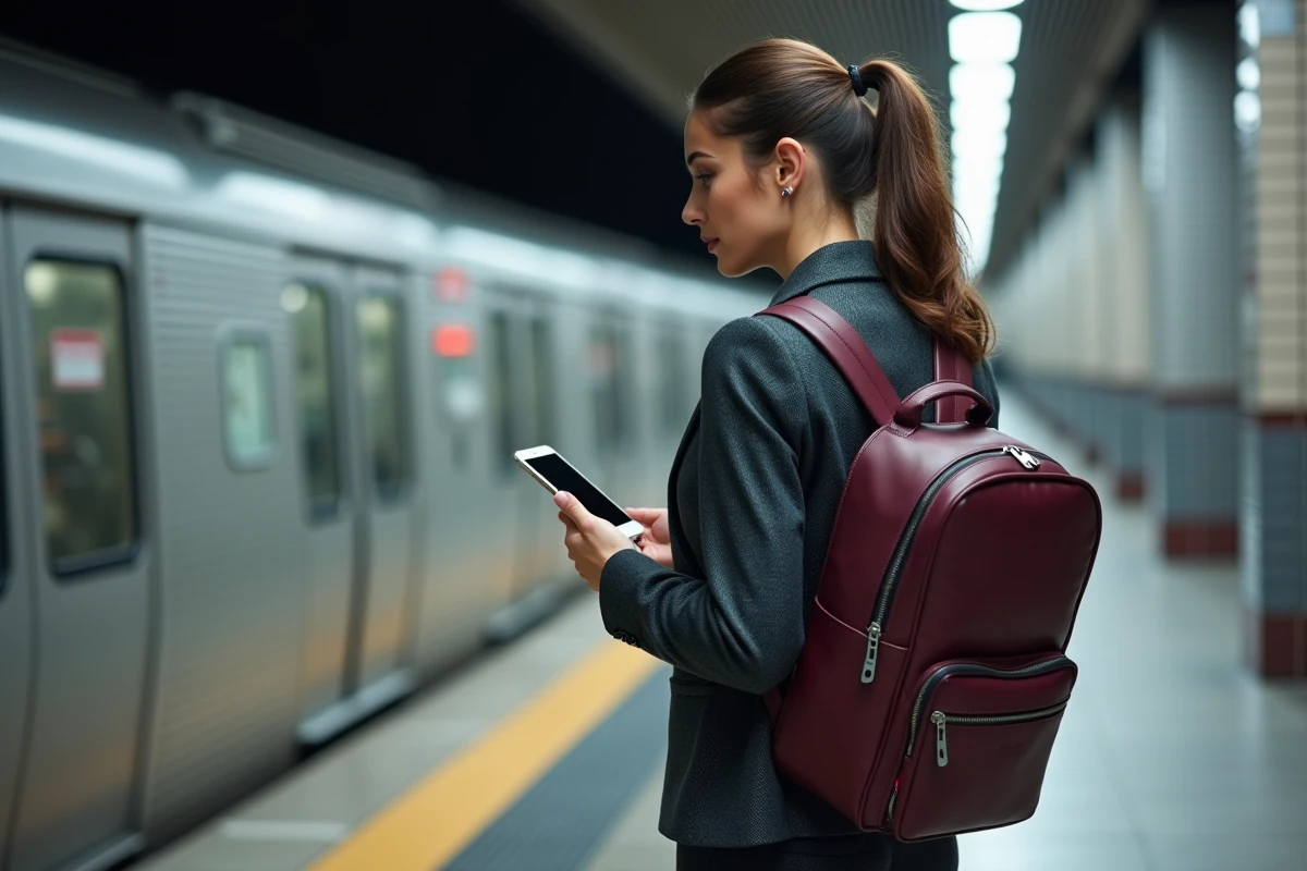 Femme professionnelle avec sac à dos antivol bordeaux dans une station de métro lors du trajet domicile-travail