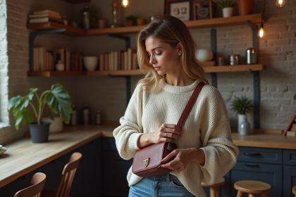 Femme décontractée ajustant son sac dans un loft cosy