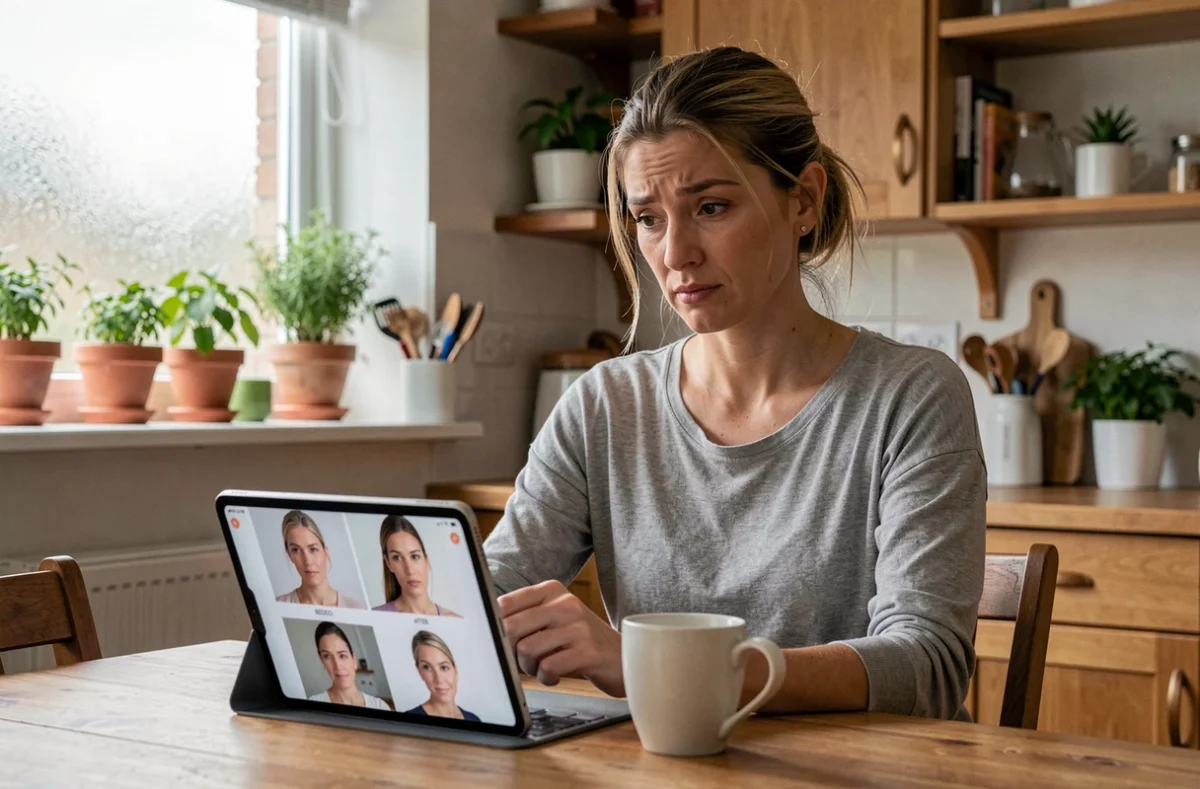 Femme dans la trentaine regardant des photos avant/après sur une tablette dans une cuisine moderne avec une expression sceptique