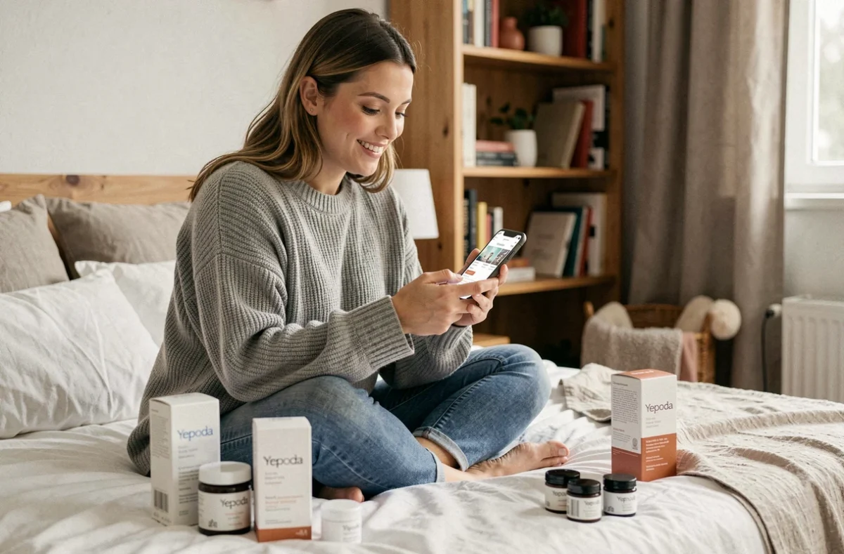 Femme parcourant une application de réductions K-beauty sur smartphone entourée de produits Yepoda sur son lit
