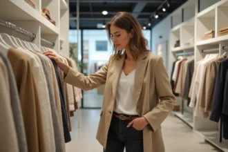 Femme parcourant un portant de vêtements dans une boutique Zara pour trouver des réductions sans code promo