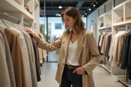 Femme parcourant un portant de vêtements dans une boutique Zara pour trouver des réductions sans code promo