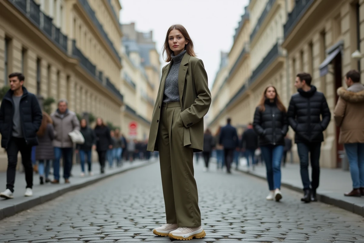 Femme portant des sneakers chunky style Balenciaga dans une rue parisienne avec attitude mode