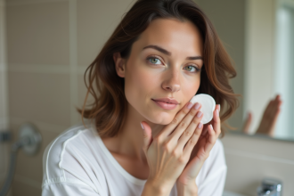 Femme en train de se démaquiller dans une salle de bain chaleureuse