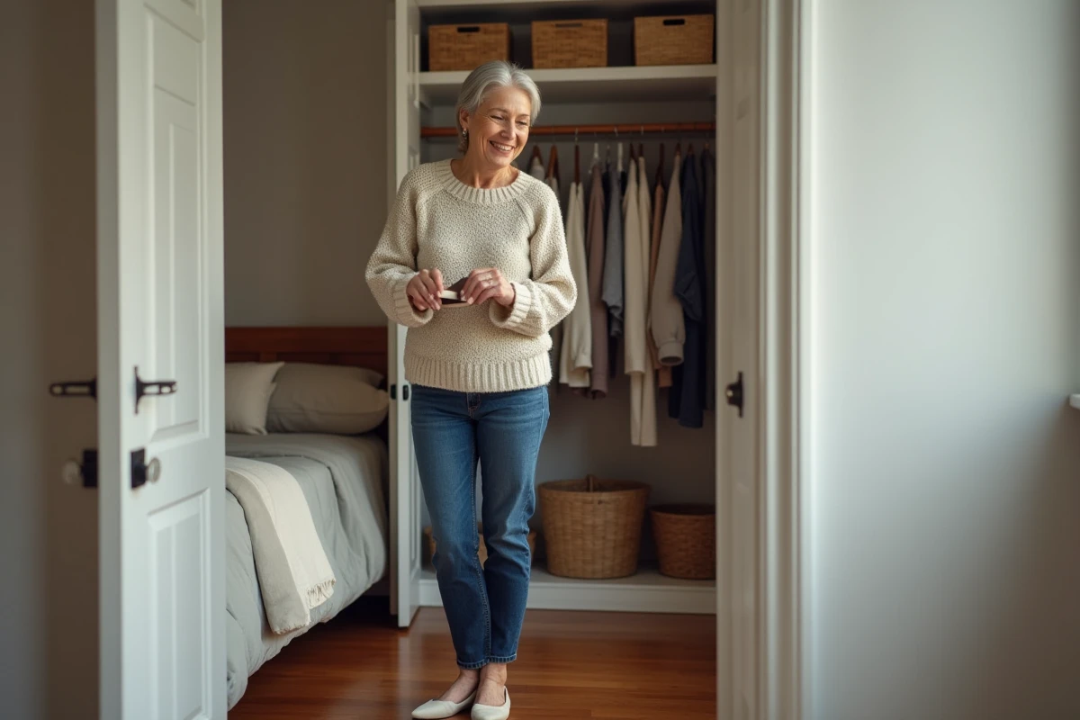 Femme souriante vérifiant ses chaussures dans une chambre organisée