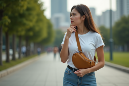Femme en ville ajustant son sac bananashaped