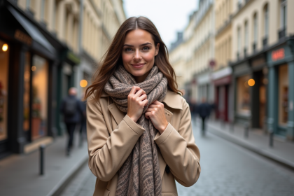Femme élégante en trench beige ajustant son foulard à Paris