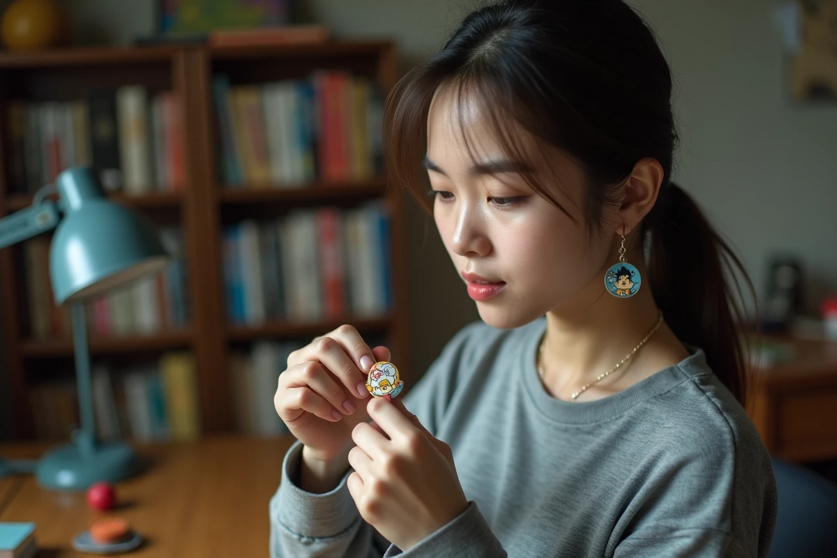 Jeune femme examinant attentivement une boucle d'oreille Dragon Ball entre ses doigts pour détecter une éventuelle contrefaçon