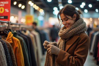 Femme souriante examine un pull soldé dans un grand magasin
