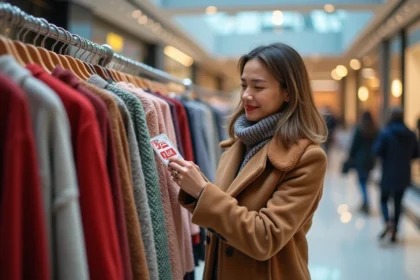Femme examine un tag de soldes dans un centre commercial