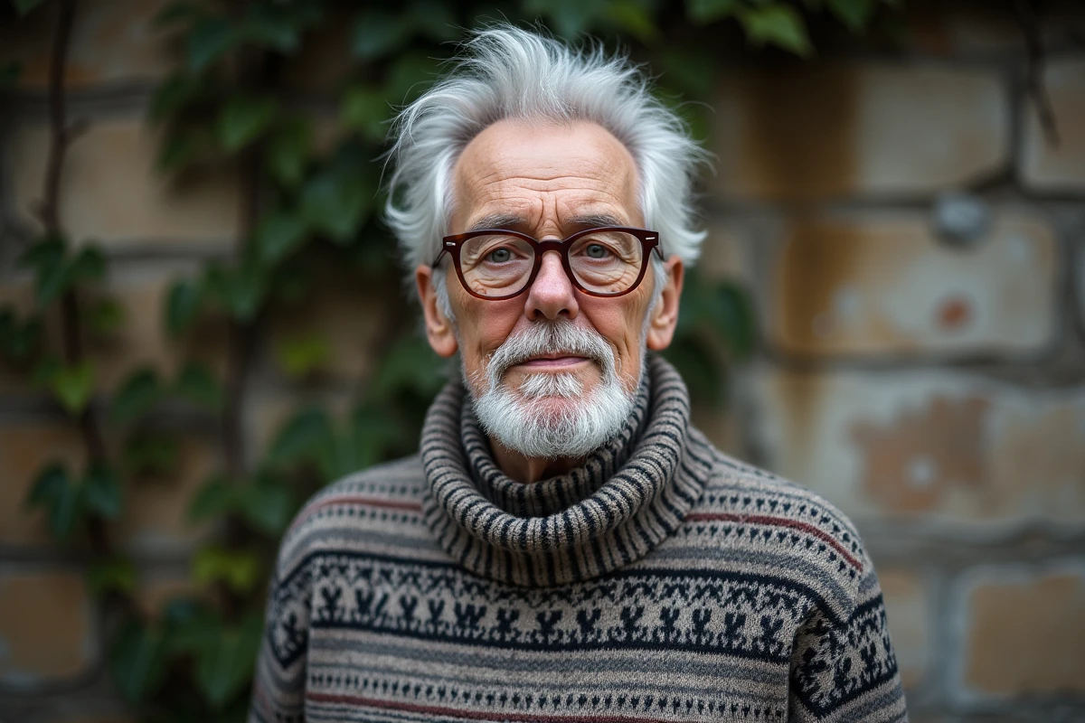 Femme âgée avec barbe et lunettes vintage devant un mur de pierre