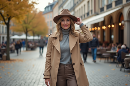 Femme élégante ajustant un fedora dans une ville européenne