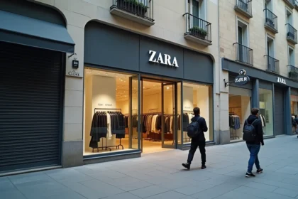 Devanture d'un magasin Zara dans une rue piétonne européenne avec peu de passants, illustrant une possible fermeture de commerce en ville en 2026