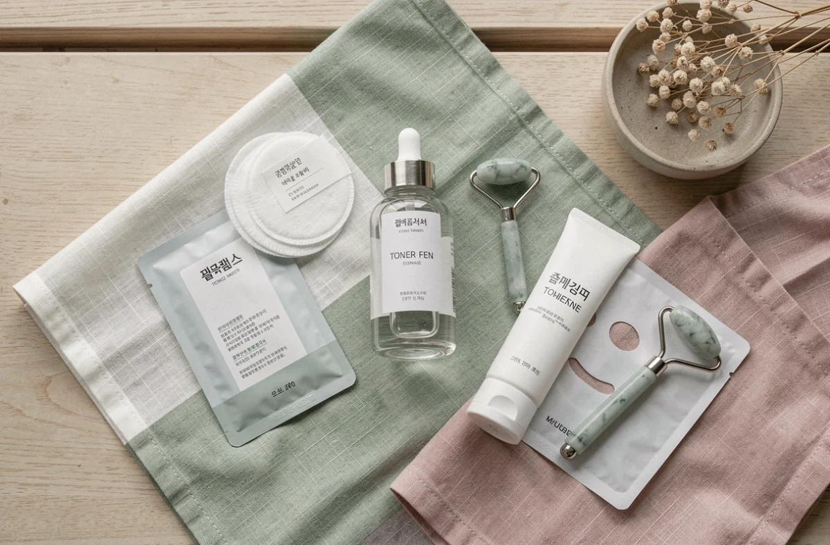 Flat lay soigné de produits K-beauty Yepoda sur tissu en lin avec skincare coréen disposé artistiquement