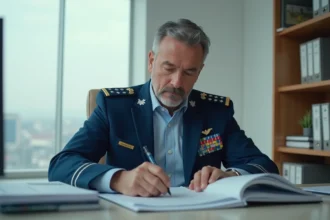 Homme fonctionnaire en uniforme bleu examine des documents