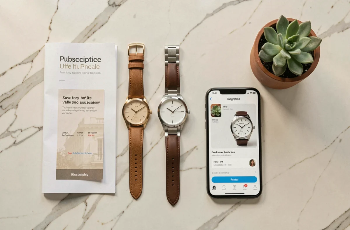 Flat lay de montres de luxe avec brochure d'abonnement mensuel et smartphone sur surface en marbre