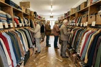 Vue intérieure d'une friperie française animée avec des portants de vêtements vintage colorés et des clients qui fouillent les rayons