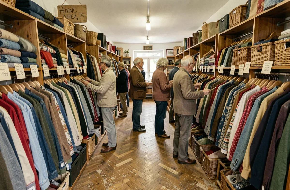 Vue intérieure d'une friperie française animée avec des portants de vêtements vintage colorés et des clients qui fouillent les rayons