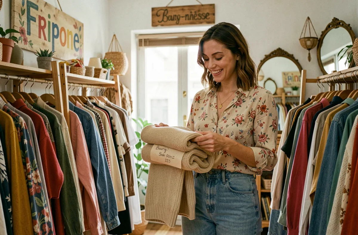 Intérieur de la friperie solidaire Fripone à Bourg-en-Bresse avec une cliente qui examine des vêtements de seconde main