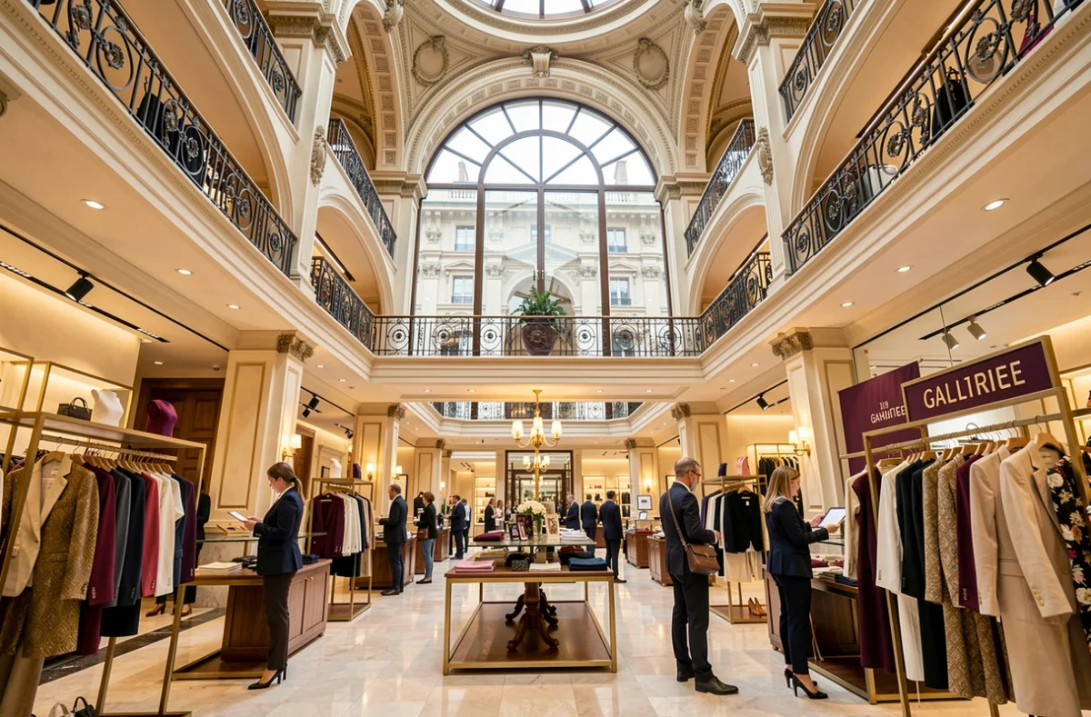 Grand intérieur des Galeries Lafayette Toulouse Lapeyrouse avec son atrium orné sur plusieurs niveaux, des rayons de mode et des clients élégants