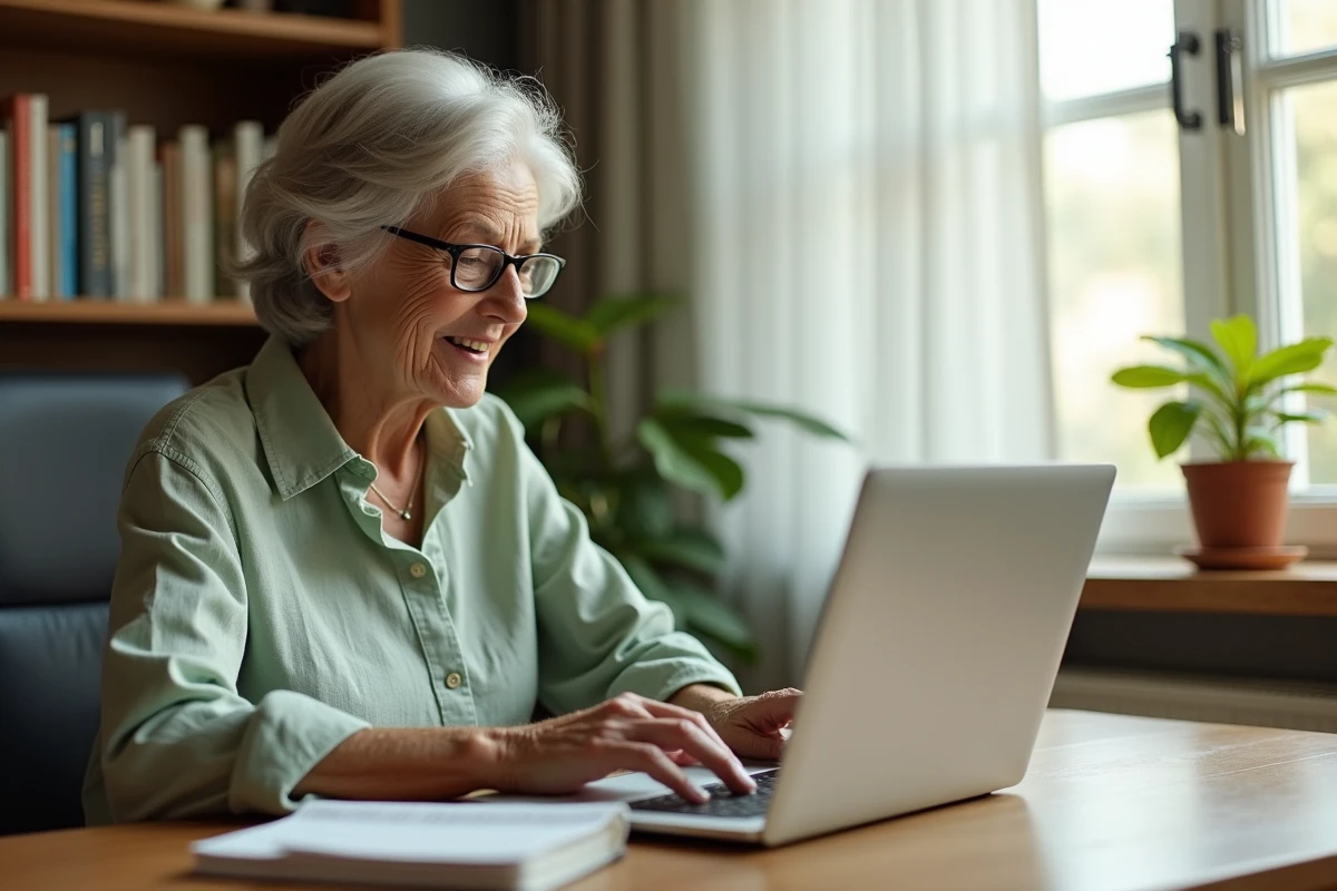 Grand-mère souriante faisant ses achats vêtements Kiabi en ligne depuis un bureau à domicile